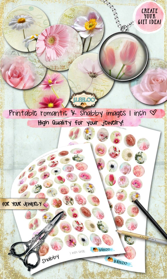SHABBY Digital printable 1 inch circle sheet digital images french rose flower chic vintage pendant craft instant download tn517