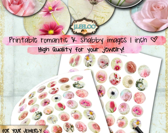 SHABBY Digital printable 1 inch circle sheet digital images french rose flower chic vintage pendant craft instant download tn517