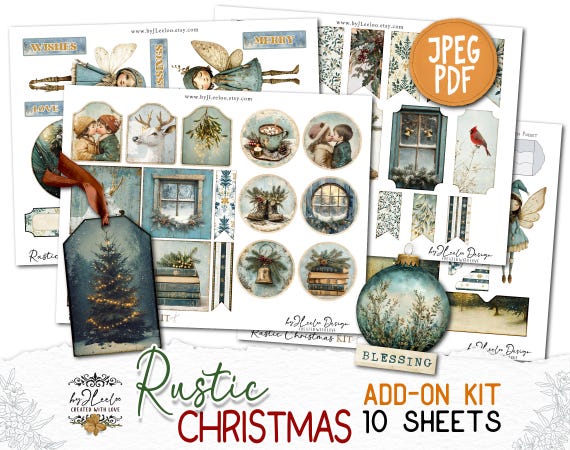 RUSTIC CHRISTMAS Add-On Kit Junk Journal Pages printable | Holidays Romantic Kit scrapbook vintage Digital art supplies | Fussy cut | pp867