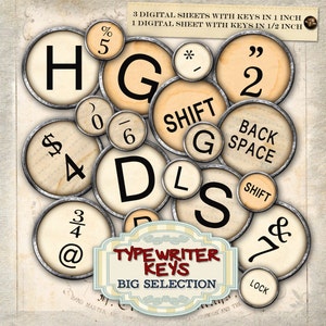 May include: A collection of vintage-style typewriter keys with black letters and symbols on a cream background. The keys are arranged in a circular pattern with a metal rim. Text includes "TYPEWRITER KEYS BIG SELECTION".