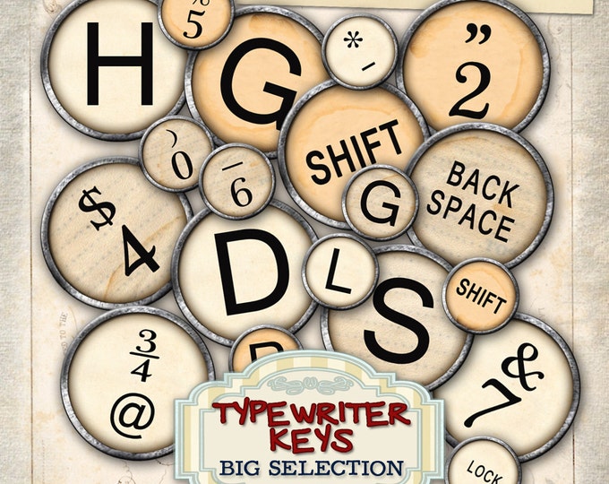 Digital collage sheet TYPEWRITER KEYS 1 inch half inch circle vintage images for pendant alphas magnet instant download printable tn188
