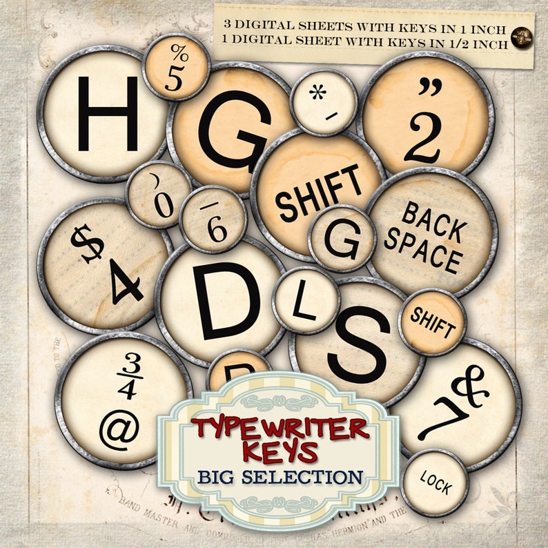May include: A collection of vintage-style typewriter keys with black letters and symbols on a cream background. The keys are arranged in a circular pattern with a metal rim. Text includes "TYPEWRITER KEYS BIG SELECTION".
