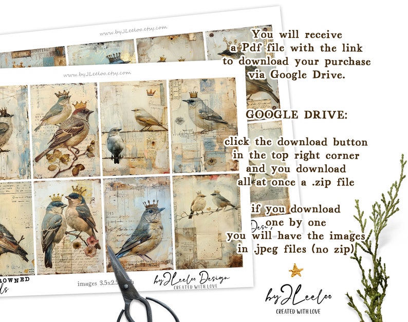 CROWNED BIRDS junk journal printable half pages tag Mixed Media supplies Birds hand-drawn vintage card making collage art diary pp747 image 8