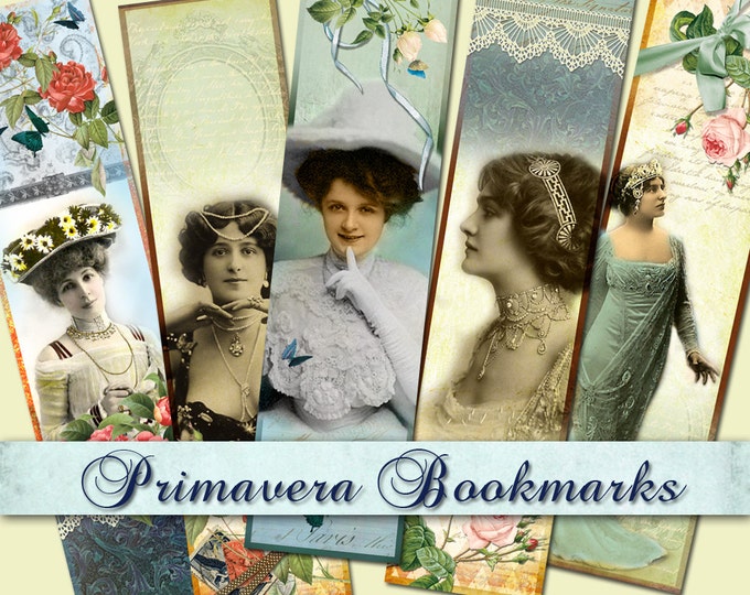 PRIMAVERA BOOKMARK printable 8x2 inch lady woman photos images instant download Digital collage sheet background paper victorian ac198