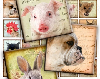 Feuille de collage numérique ANIMAL FRIENDS 1,5 pouces cercle images numériques chiots pendentifs aimant autocollants téléchargement instantané imprimable qu334