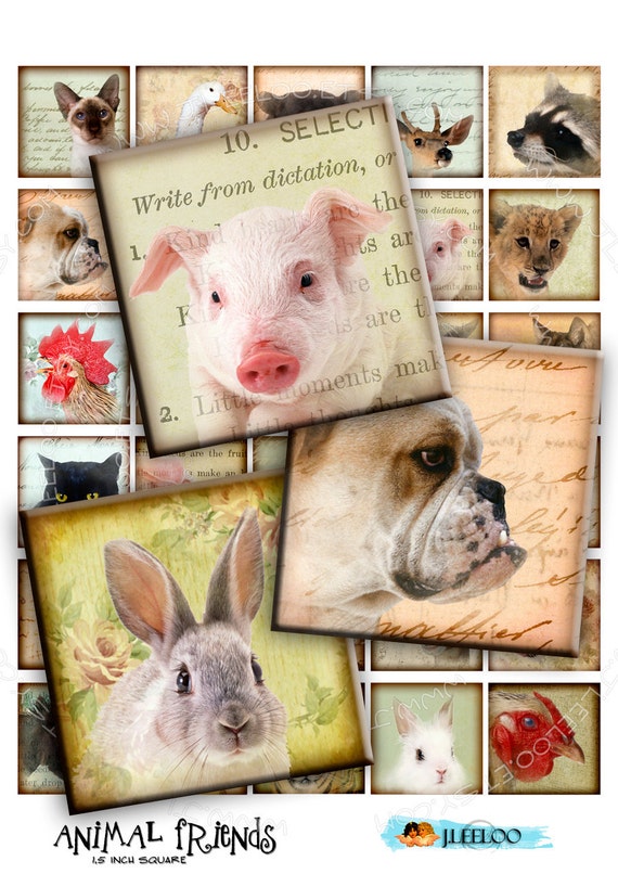 Digital collage sheet ANIMAL FRIENDS 1.5 inch circle digital images puppies pendants magnet stickers instant download printable qu334