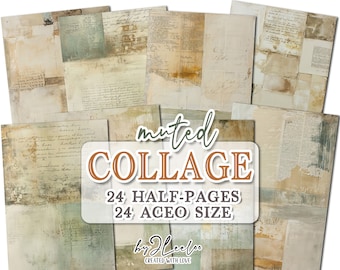 May include: A collage of 24 muted, vintage-style paper textures in half-page and ACEO size. The papers feature a mix of cream, brown, and green tones with handwritten text and distressed edges. The text on the image reads "muted COLLAGE 24 HALF-PAGES 24 ACEO SIZE by JLeeCo CREATED WITH LOVE."