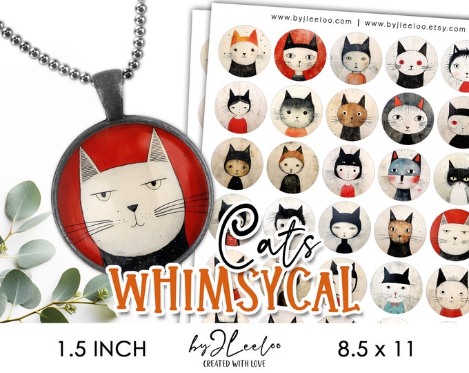 WHIMSICAL CATS 1.5 inch printable | supplies round pendant sticker charms glass cabochon magnet | ornaments journal scrapbook craft | tn705
