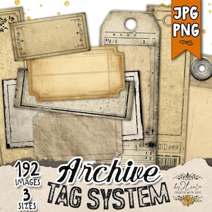 ARCHIVE Tag SYSTEM Etichette stampabili per diario/scrapbooking/collage con elementi vintage e motivi decorativi / Set di carte digitali PNG / tl374