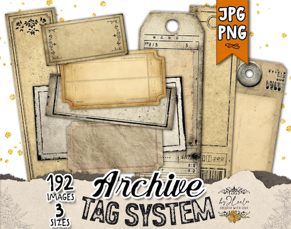 ARCHIVE Tag SYSTEM Vintage Ephemera Junk Journal | Scrapbooking Printable labels | Collage Digital Papers PNG Set | tl374