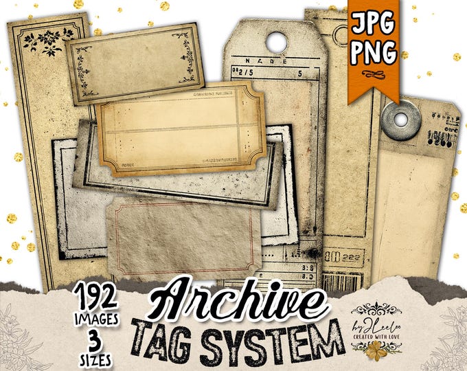 ARCHIVE Tag SYSTEM Vintage Ephemera Junk Journal | Scrapbooking Printable labels | Collage Digital Papers PNG Set | tl374