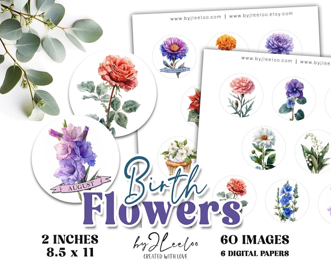 BIRTH FLOWERS 2 inch printable circle | Birth Month Flower round pendants cabochon necklace sticker | Fussy cut digital download | tn817