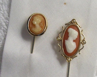 Two Vintage Gold Tone Cameo Stick Pins