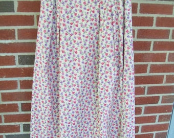 Vintage Calico Front Pleated Floral Midi Skirt Side Pockets Handcrafted Size Small