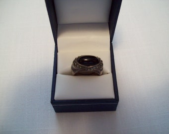 Oval Black Onyx and Marcasite Art Deco Sterling Silver Ring Size 6