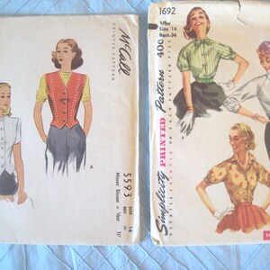 May include: Two vintage sewing patterns for women's blouses. The pattern on the left is McCall's 5593, size 14, and features a blouse with a vest. The pattern on the right is Simplicity 1692, size 14, and features a blouse with a collar and short sleeves.
