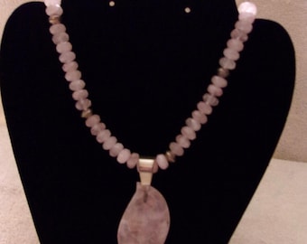 Light Pink Natural Rose Quartz Teardrop Pendant and Faceted Beaded Necklace