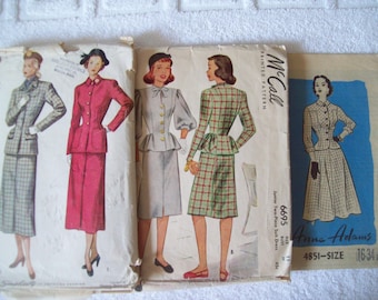 Misses' 1940s Vintage Suits Simplicity 2574, McCall 6695, Anne Adams 4851