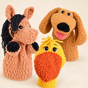 Virkade handdockamönster, amigurumi-mönster för häst, anka och hund, PDF-instruktioner för nybörjare