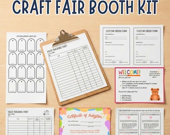 May include: A craft fair booth kit with various printed materials. Includes a clipboard with a sales tracking sheet, custom order forms, tags, a welcome sign, a certificate of adoption, and care instructions. The kit is designed for handmade crafts.
