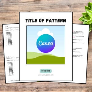 May include: A printed pattern sheet with the title "TITLE OF PATTERN" in bold black letters. The sheet features a Canva logo within a blue and green graphic, along with a website address and a "LOGO HERE" placeholder.