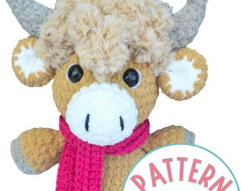 Highland Cow haakpatroon PDF-tutorial | Gehaakte knuffelpatronen | Eenvoudig gehaakt dierenpatroon met dik garen voor beginners