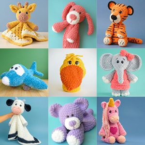 May include: A collection of handmade crochet stuffed animals, including a giraffe with a blanket, a pink bunny, a tiger, a blue airplane, a duck, an elephant, a cow, a purple bear, and a pink unicorn. Each toy is crafted with soft yarn.