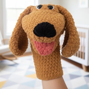 Schema per realizzare un burattino a forma di cane all'uncinetto per l'ora delle storie / PDF per insegnanti all'uncinetto / Burattino a mano di peluche per giochi in classe