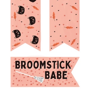 Puede incluir: Tres pancartas rosas con caras de gatos negros, estrellas y hojas naranjas. La pancarta de abajo tiene una escoba negra y el texto "BROOMSTICK BABE".
