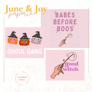 Puede incluir: Tres brujas de dibujos animados con diferentes colores de cabello y tonos de piel que llevan sombreros de bruja negros con estrellas blancas. El texto "Ghoul Gang" está debajo de las brujas. Un fondo rosa con el texto "BABES BEFORE BOOS" está en la esquina superior derecha. Un fondo rosa con el texto "good witch" y una mano sosteniendo una varita está en la esquina inferior derecha. Un círculo con el texto "NEW COLLECTION FALLOWEEN PRINTS NEW COLLECTION" está en la esquina inferior izquierda.