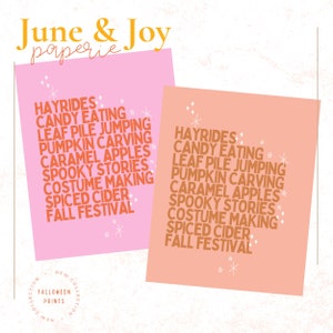 Puede incluir: Dos tarjetas imprimibles con fondo rosa y melocotón que presentan una lista de actividades de otoño en texto naranja. El texto incluye "Hayrides", "Candy Eating", "Leaf Pile Jumping", "Pumpkin Carving", "Caramel Apples", "Spooky Stories", "Costume Making", "Spiced Cider" y "Fall Festival". Las tarjetas forman parte de una nueva colección de impresiones de Halloween.