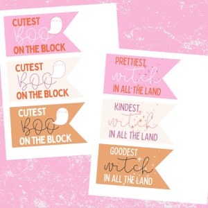 Puede incluir: Cuatro etiquetas de regalo para fiestas de Halloween imprimibles con fondos rosa, naranja y blanco. Las etiquetas presentan lindas ilustraciones de fantasmas y brujas con texto que dice "Cutest Boo on the Block", "Pretties Witch in All the Land", "Kindest Witch in All the Land", y "Goodest Witch in All the Land".