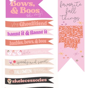 Puede incluir: Un conjunto de pancartas imprimibles con tem&aacute;tica de Halloween con fondos rosa, naranja y negro. Las pancartas presentan textos como "Baubles, Bows, & Boos", "Hey Ghoulfriend", "Haunt it & Flaunt it", "Skelecessories", "Spooky and Sweet", "Falloween Queen" y "Favorite Fall Things".