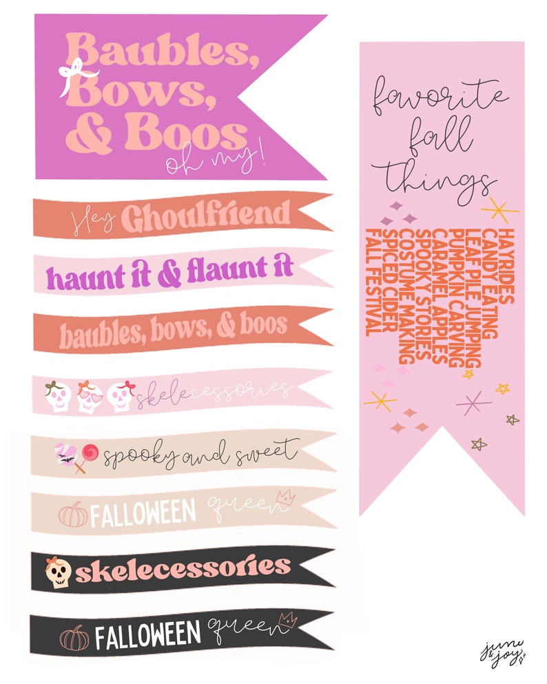 Puede incluir: Un conjunto de pancartas imprimibles con tem&aacute;tica de Halloween con fondos rosa, naranja y negro. Las pancartas presentan textos como "Baubles, Bows, & Boos", "Hey Ghoulfriend", "Haunt it & Flaunt it", "Skelecessories", "Spooky and Sweet", "Falloween Queen" y "Favorite Fall Things".