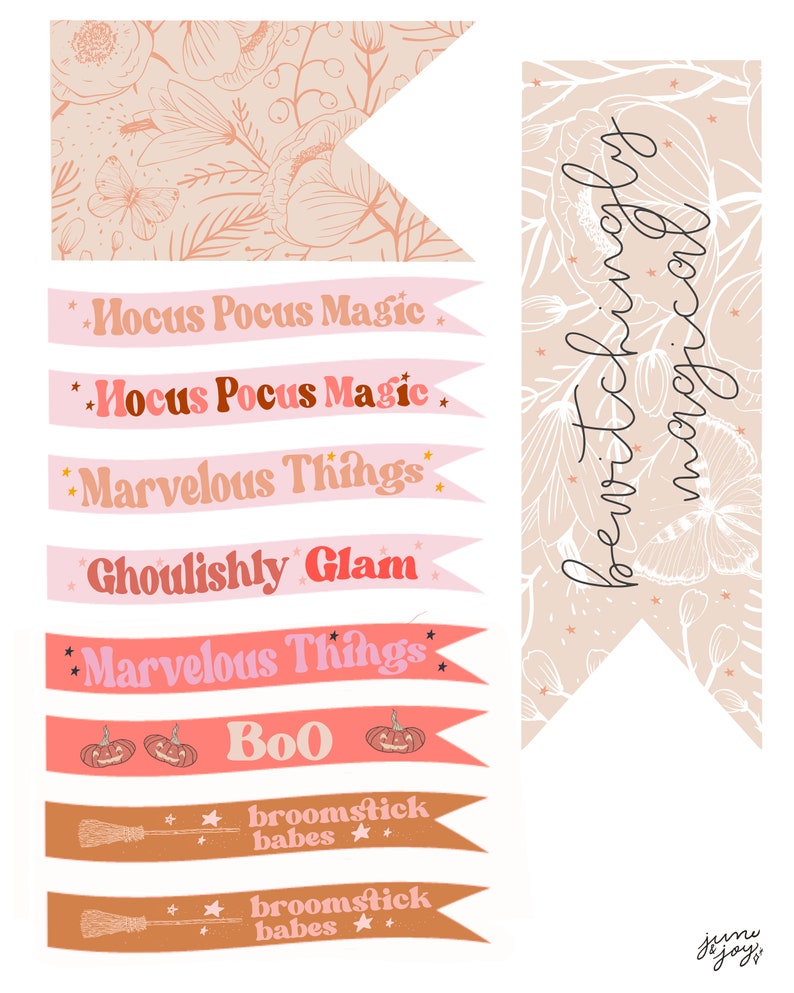Puede incluir: Un conjunto de pancartas imprimibles con tem&aacute;tica de Halloween en colores rosa, naranja y marr&oacute;n. Las pancartas presentan textos como "Hocus Pocus Magic", "Marvelous Things", "Ghoulishly Glam", "Boo", y "Broomstick Babes".