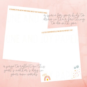 May include: A printable Mother's Day activity for kids to draw with their mom and a page for mom to reflect on the year in her own words. The printable features a rainbow, stars, and flowers.