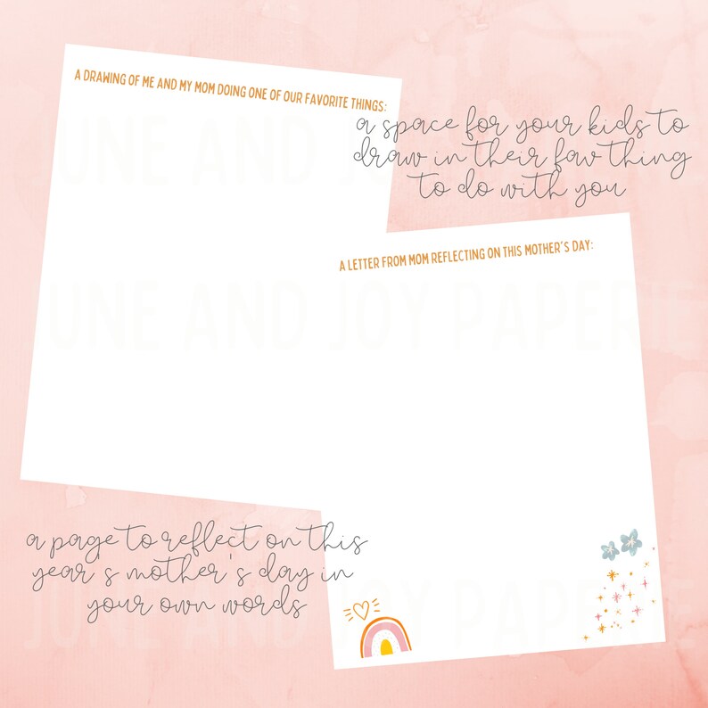 May include: A printable Mother's Day activity for kids to draw with their mom and a page for mom to reflect on the year in her own words. The printable features a rainbow, stars, and flowers.