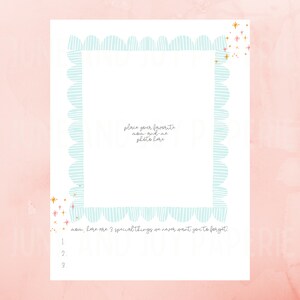 May include: A printable photo frame with a light blue scalloped border and gold stars. The frame has a space for a photo and a section for writing down three special things to remember.