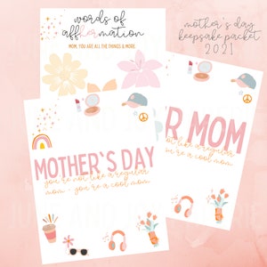 May include: A printable Mother's Day keepsake packet with the text "words of affirmation" and "MOM, YOU ARE ALL THE THINGS & MORE."  The packet includes a card with the text "MOTHER'S DAY you're not like a regular mom - you're a cool mom" and another card with the text "R.MOM not like a regular you're a cool mom".