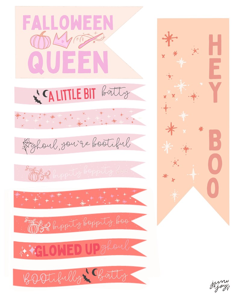 Puede incluir: Un conjunto de pancartas imprimibles con tem&aacute;tica de Halloween con texto rosa, naranja y blanco sobre un fondo rosa y naranja. Las pancartas incluyen frases como "Un poco loca", "Glowed up ghoul" y "Bootifully batty".