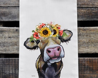 Sunflower Cow Tea Towel - Option to Personalize Farmhouse Tea Towel - Cow Flour Sack Towel - Cow Lover Gifts - Fall Farmhouse