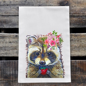 Spring Raccoon Tea Towel -  Option to Personalize Farmhouse Tea Towel Decor - Raccoon Flour Sack Towel - Raccoon Gifts