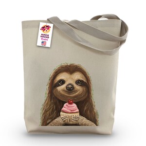 Sloth Tote Bag - Option to Personalize Sloth Totes - Sloth Lover Gift,  Fun Sloth With Cupcake Tote
