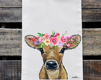 OVERSTOCK CLEARANCE - Spring Calf Tea Towel - Farmhouse Tea Towel Decor - Calf Flour Sack Towel - Cow Lover Gifts - Farmhouse Kitchen Decor