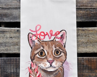 Valentine's Day Cat Flour Sack Towel, Orange Tabby Cat Tea Towel, Valentine's Day Gifts, Cat Lover Gifts