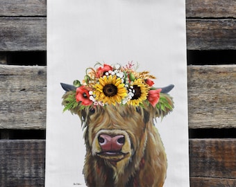 Sunflower Cow Tea Towel - Option to Personalize Farmhouse Tea Towel - Highland Cow Flour Sack Towel - Fall Farmhouse Kitchen Decor