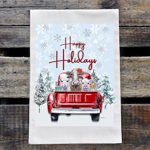 Farm Truck Christmas Tea Towel - Farm Animal Flour Sack Towel - Christmas Farmhouse Decor - Red Truck Christmas Towel - Red Truck Decor