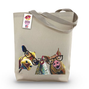 Pig and Chicken Tote Bag - Option to Personalize Cute Farm Animal Art on tote bag - Farm Animals with Glasses Tote