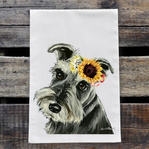 Schnauzer Tea Towel - Sunflower Schnauzer Flour Sack Towel - Schnauzer Kitchen Decor - Schnauzer Lover Gifts - Fall Dog Kitchen Decor