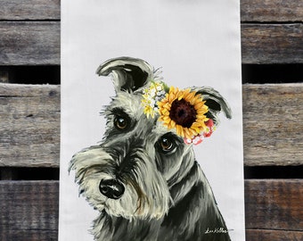 Schnauzer Tea Towel - Sunflower Schnauzer Flour Sack Towel - Schnauzer Kitchen Decor - Schnauzer Lover Gifts - Fall Dog Kitchen Decor